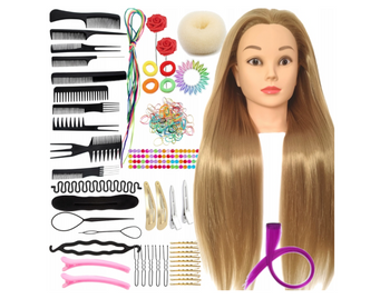 Główka Fryzjerska Treningowa, Włosy Syntetyczne, Blondynka 70cm + akcesoria, grzebienie, statyw