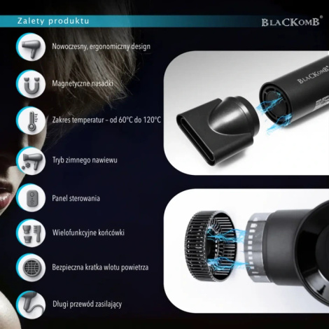 BlacKomb Stylance AS002 Dryer, Profesjonalna Suszarka z Jonizacją , Tlenem i Dyfuzorem, Waga 290g!