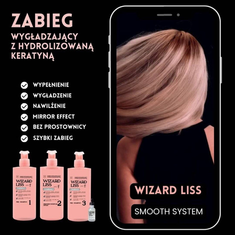 Wizard Liss SMOOTH SYSTEM, Zestaw do Kapilarnego, Proteinowego Wygładzania i Regeneracji Włosów, 3x 450ml, 50ml
