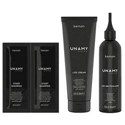 Kemon Unamy System Kit Liss, Wysokowydajny Zestaw do Prostowania Włosów, Krem 250ml + Neutralizator 250ml + Szampon 2x 20ml