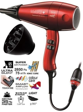 Valera Swiss Silent Jet 8500 Rc Ionic Rotocord Black Profesjonalna Suszarka do Włosów Ultra Cicha z Generatorem Jonów 2000W + Dyfuzor Czarna