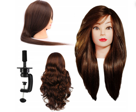 Główka Fryzjerska Treningowa 50cm ze Statywem, Włosy Brązowe, Naturalne w 60%