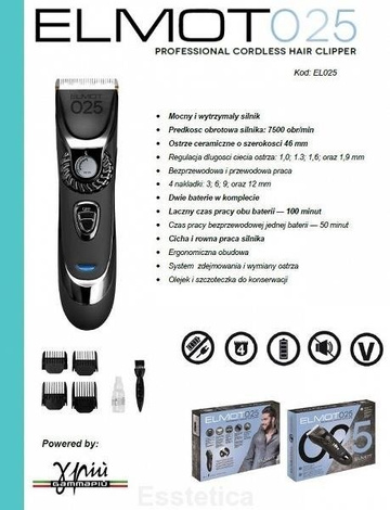 Gamma Piu Elmot 025 Bezprzewodowa Maszynka do Strzyżenia Regulacja Ostrza