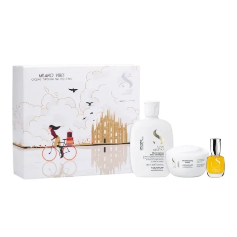 Alfaparf Semi Di Lino Illuminating Diamond Set, Zestaw Nadający Blask i Zmiękczający Włosy, Szampon, Maska, Olejek