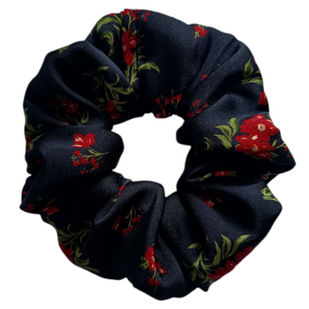 Glamour Scrunchie, Ręcznie Wykonana Gumka do Włosów, Czarna w kwiaty M