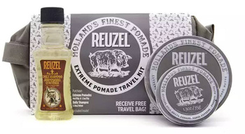 Reuzel Zestaw Travel Extreme - Pomady Extreme Hold 35g + 113g, Daily Szampon 100ml + Kosmetyczka